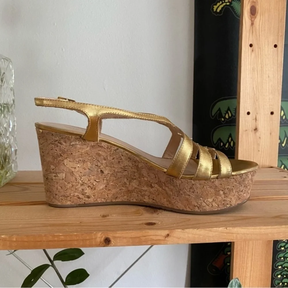 Kate Spade Gold Leather Cork Wedge Platform Sandals 9.5